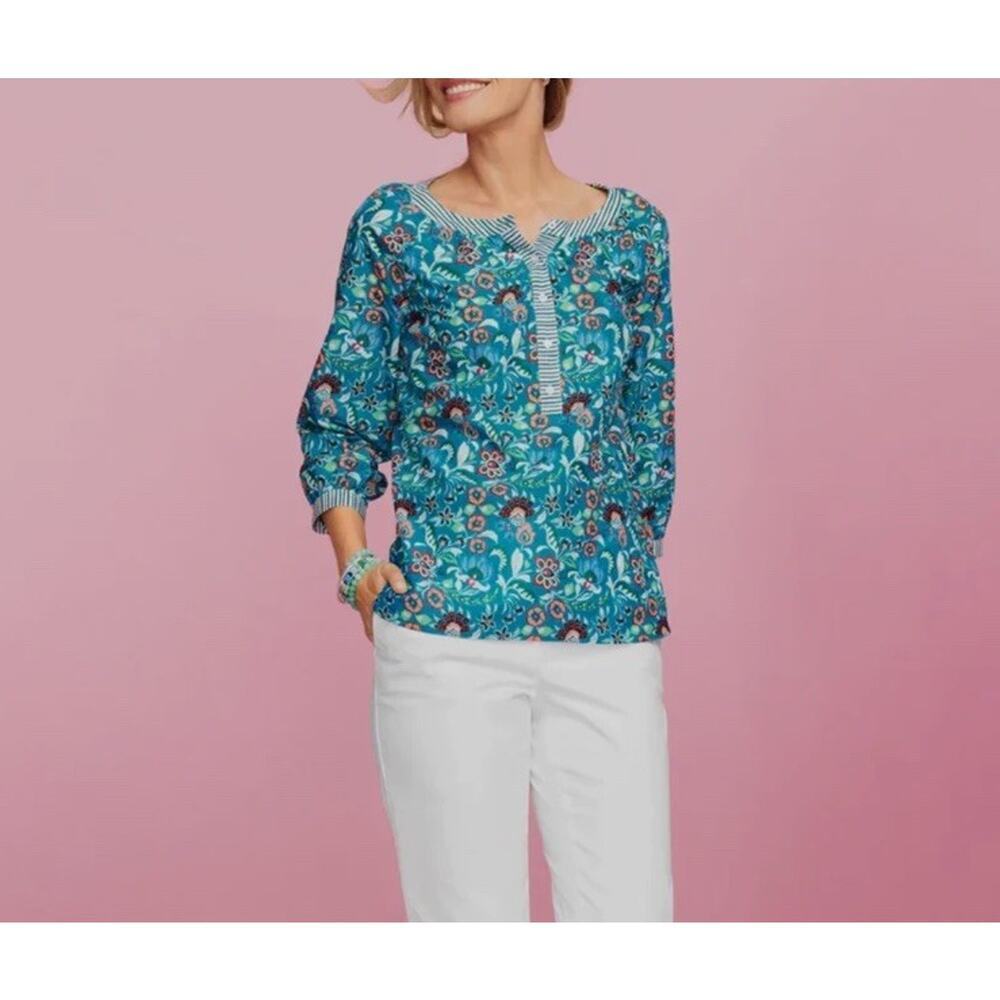 Talbots Jacobean Floral Pullover Top Size L Classic Coastal Mature Preppy